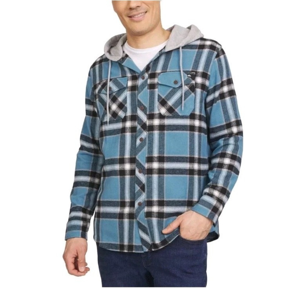 Quiksilver Men's Hooded Flannel, Hood With Drawstring, Midweight,‎ Blue Large
